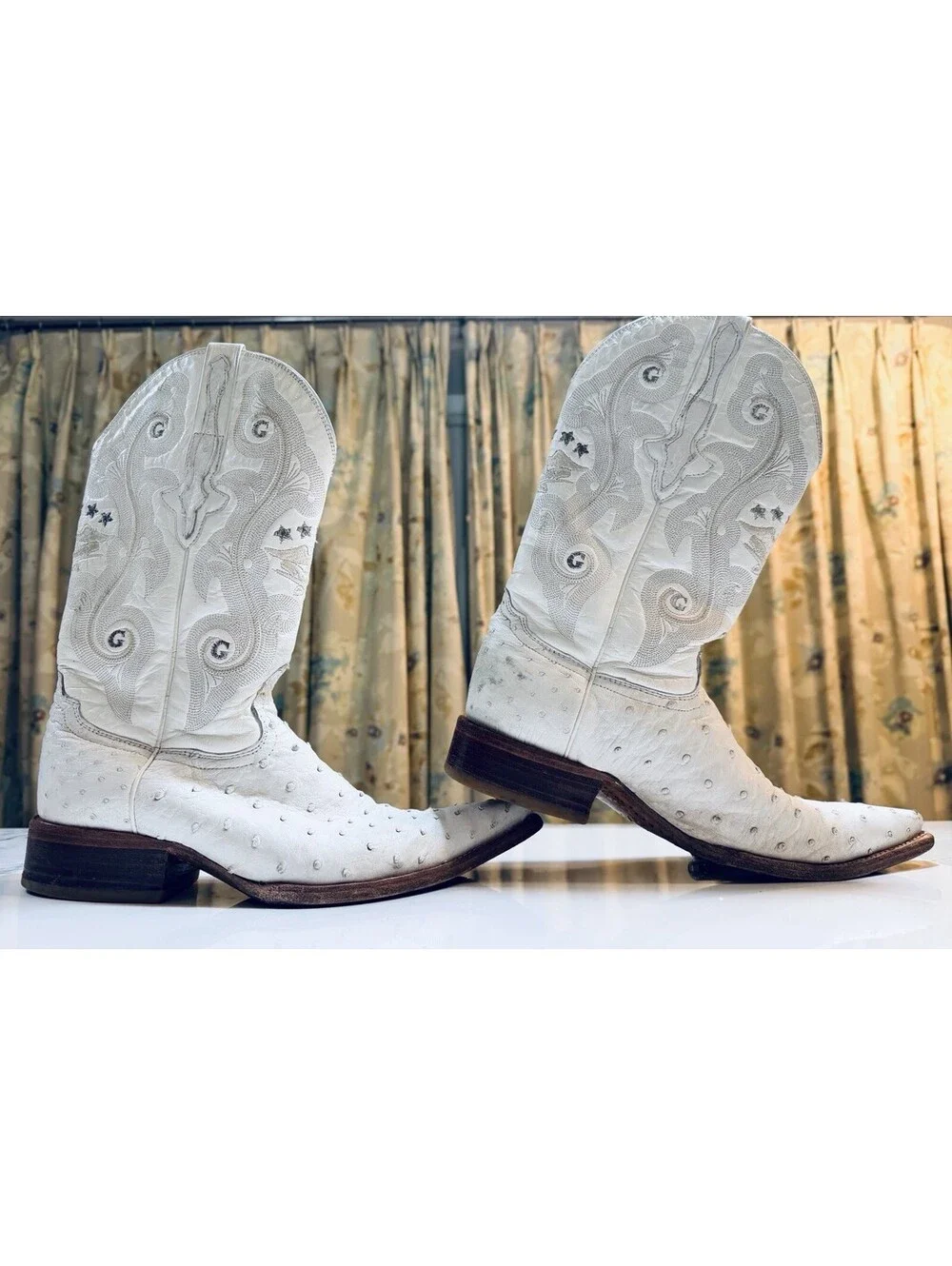 El General White Ostrich Cowboy Boots Men’s Size 8 Leather